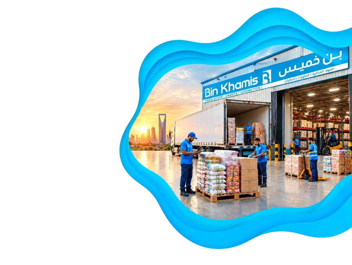 Illustrated Bin Khamis warehouse yard, with the receiving team taking in a vendor trailer
